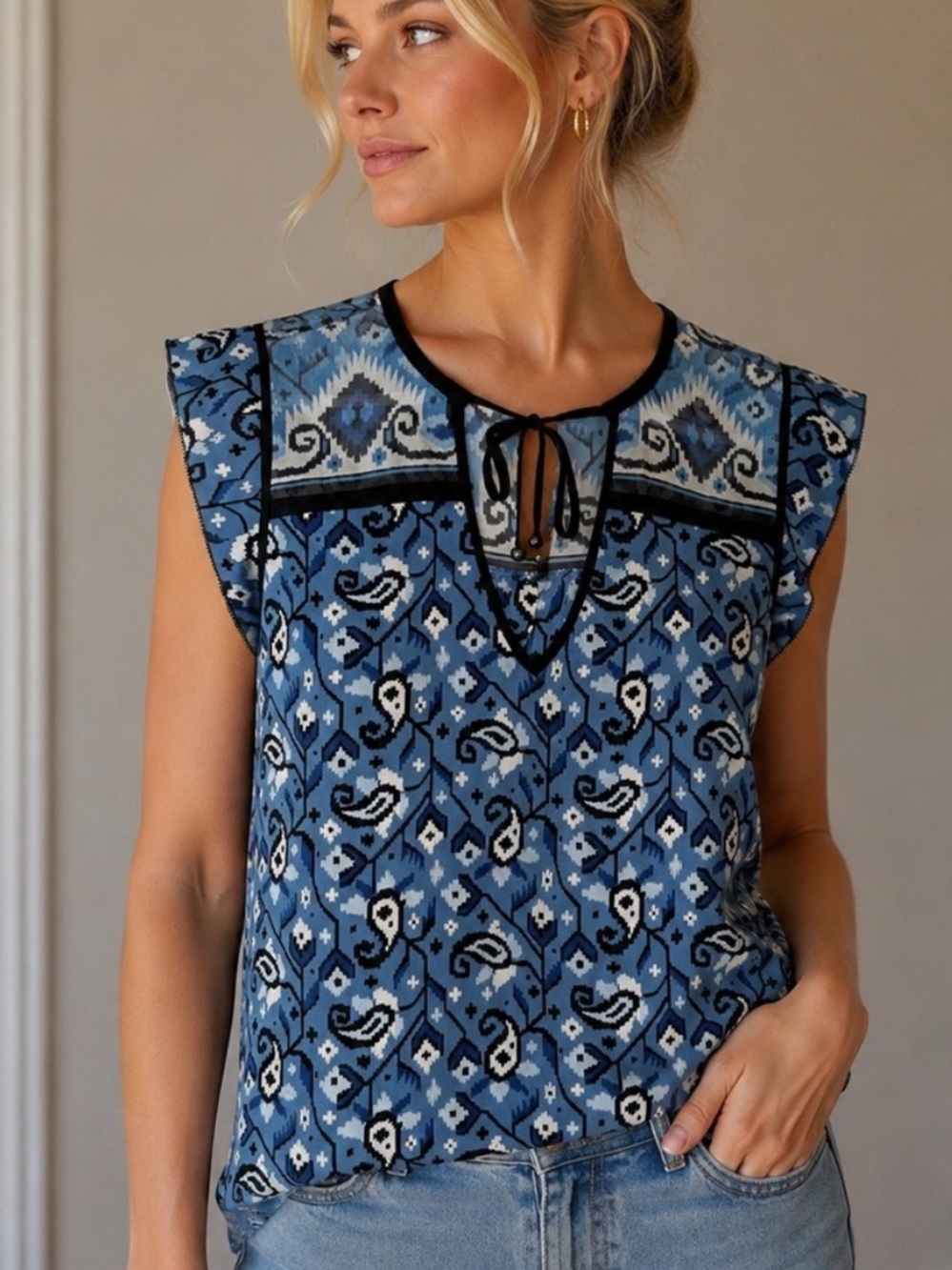Veronica Beard Rincon Silk Sleeveless Paisley Blouse 25631